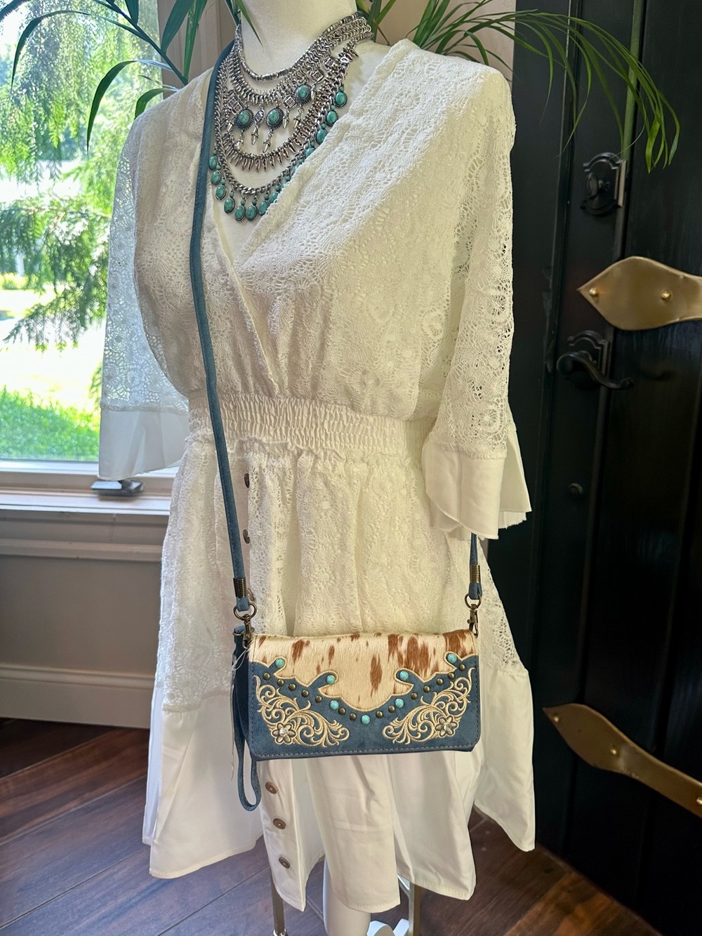 NATIVE DENIM COWHIDE HAIR-ON Crossbody Bag Clutch Wallet Western Purse wristlet